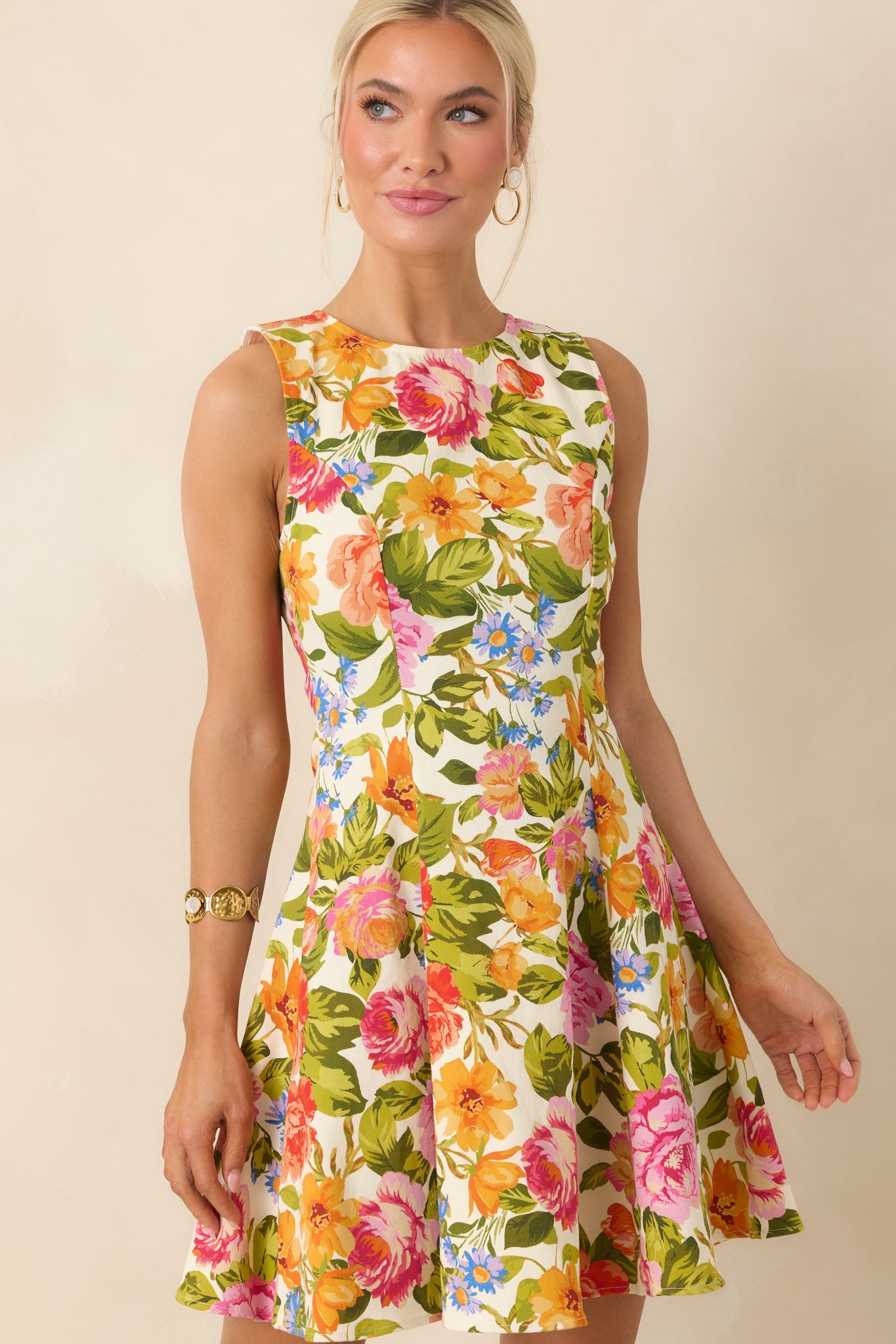Blooming Bright Multi Floral Cotton Flared Sleeveless Mini Dress