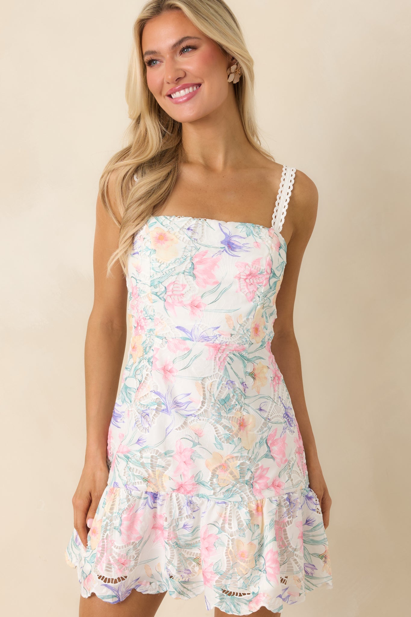 Petals In the Light Multi Floral Openwork Lace Detail Mini Dress