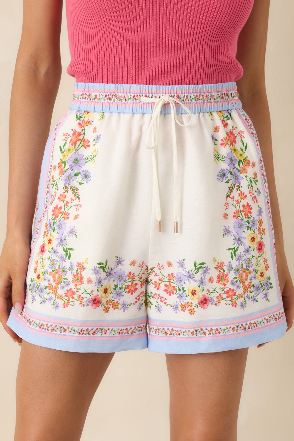 Where You Found Me Ivory Multi Floral Drawstring Shorts
