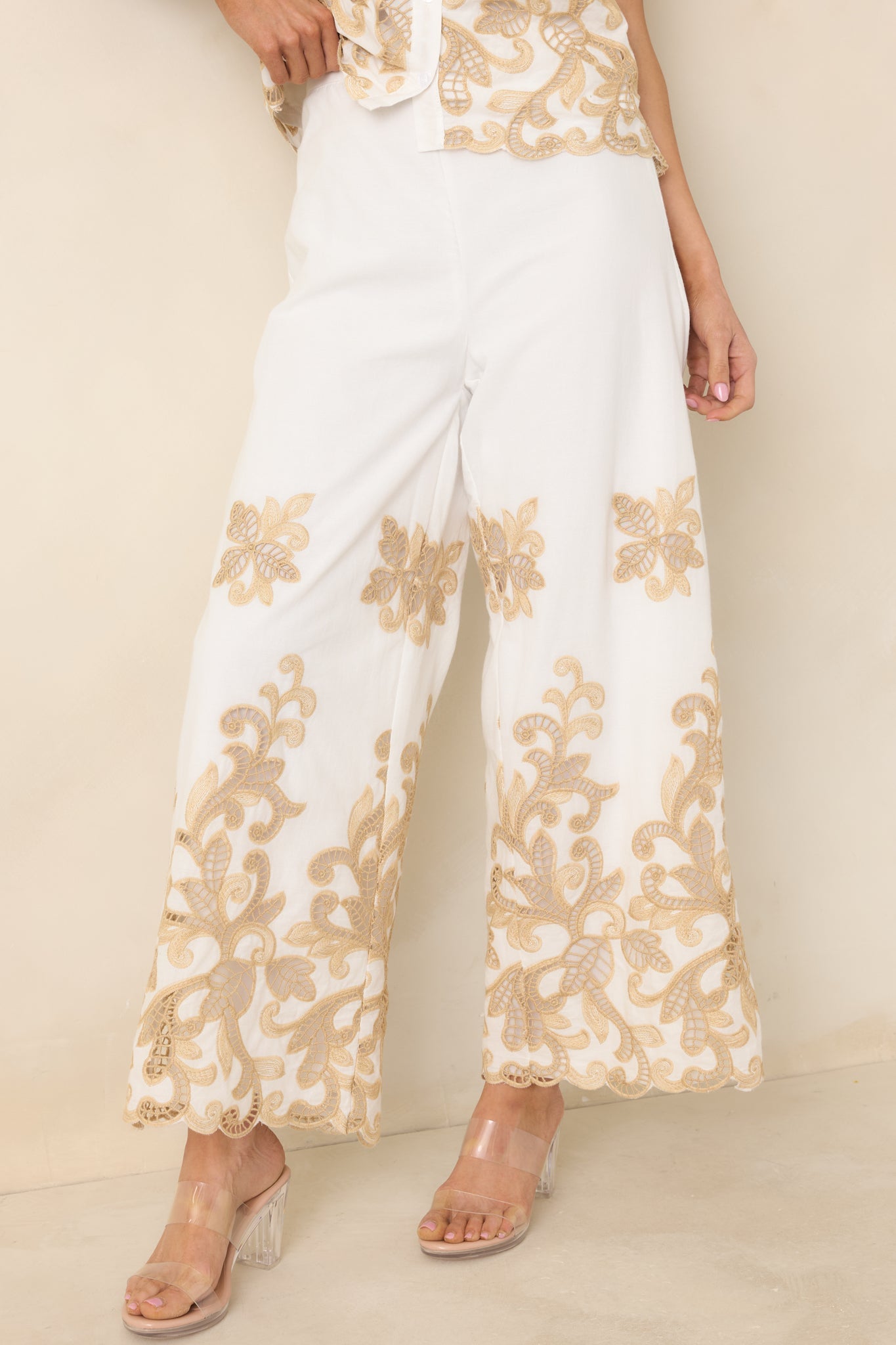 Kiss Me in Champagne Ivory Cotton Lace Applique Wide Leg Pants