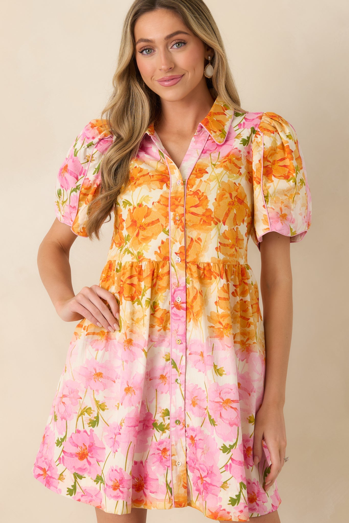 Pick Me, Please Orange & Pink Floral Cotton Puff Sleeve Mini Dress