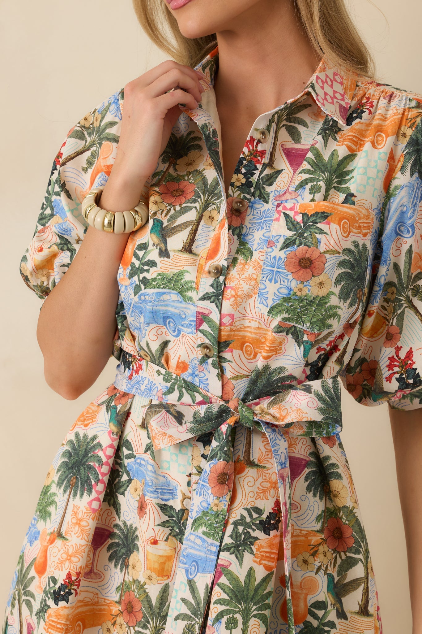 Retro Riviera Multi Tropical Print Tie-Belt Mini Shirt Dress
