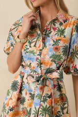 Retro Riviera Multi Tropical Print Tie-Belt Mini Shirt Dress