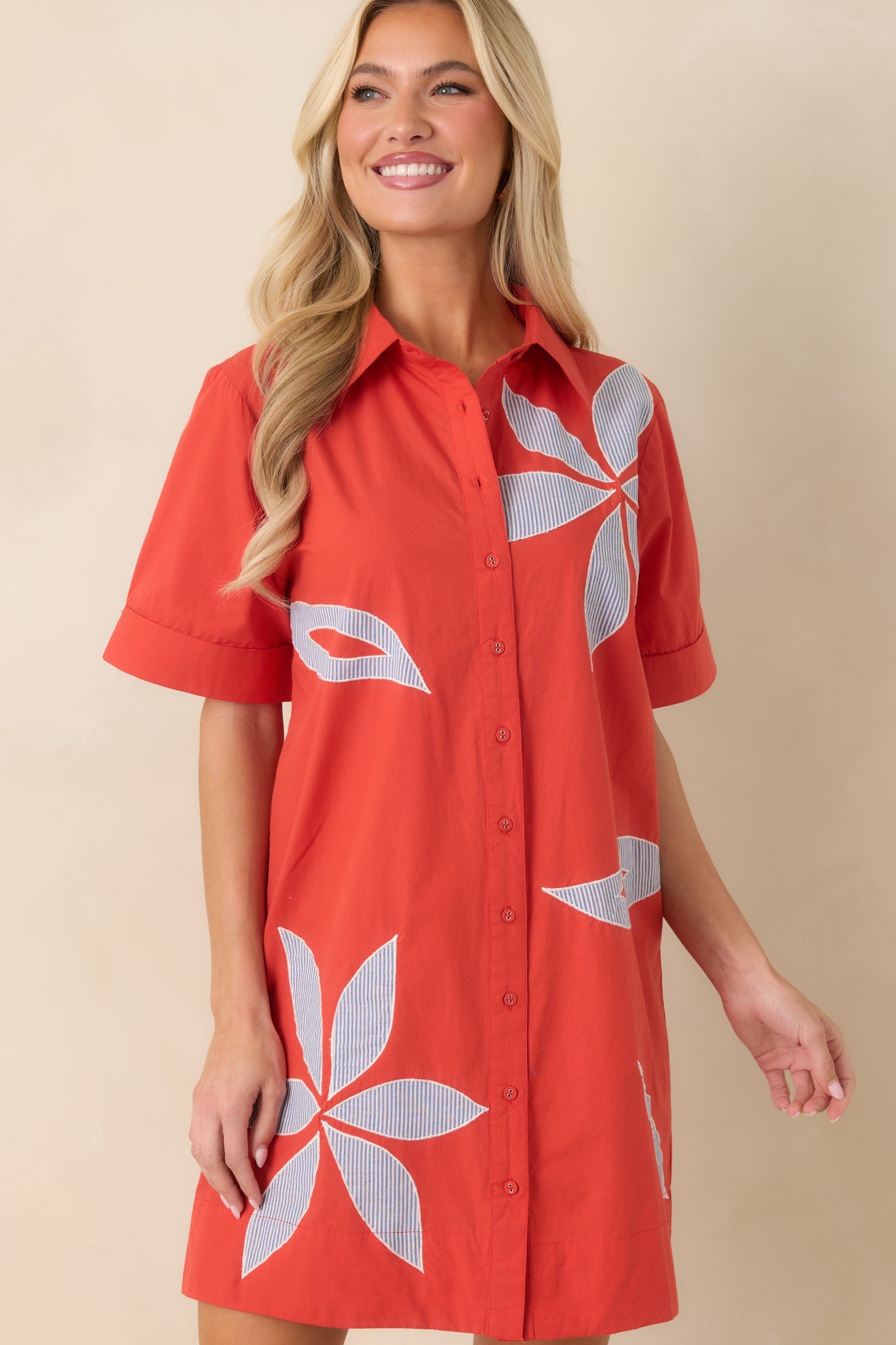 Bloom & Be Seen Poppy Red Cotton Floral Applique Mini Shirt Dress