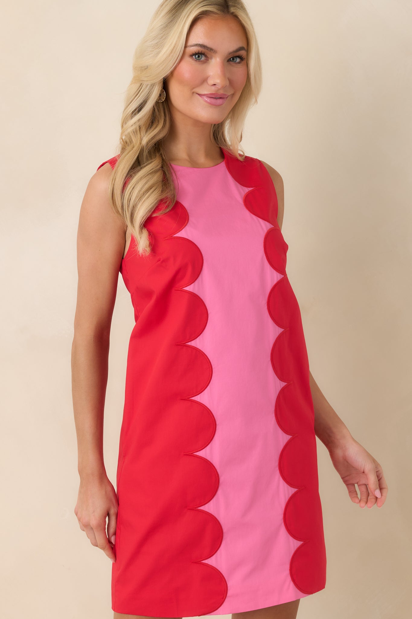 Mod About You Red & Pink Cotton Contrast Scallop Mini Dress