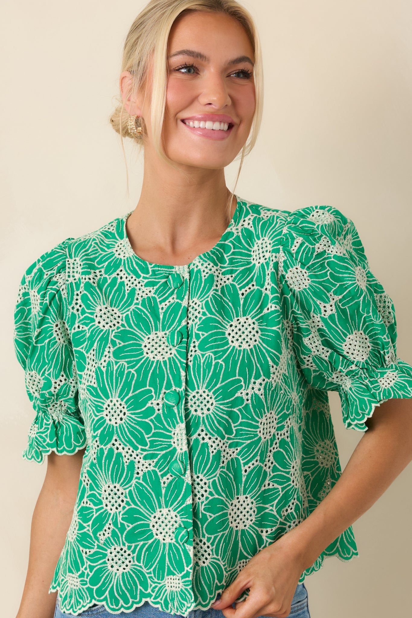 Look At You Green Cotton Floral Embroidered Button Front Top