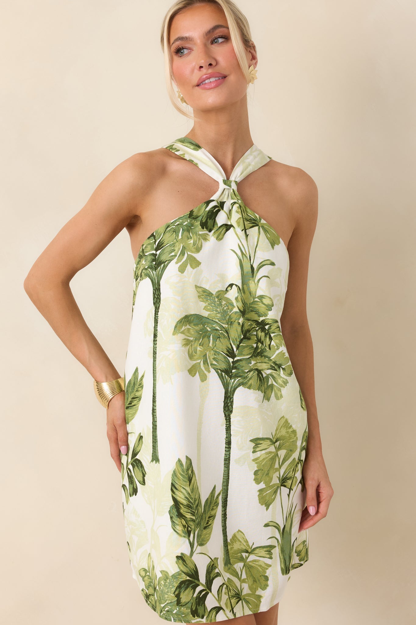 Catching Waves Ivory & Green Tropical Print Tie-Back Halter Mini Dress