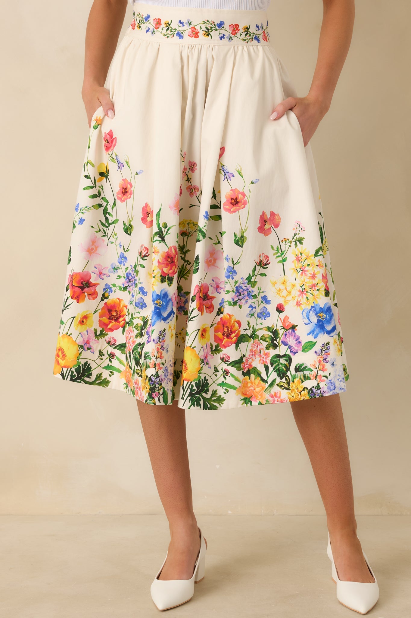 A Beautiful Arrangement Ivory Multi Floral Cotton Midi Skirt