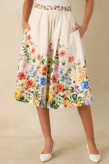 A Beautiful Arrangement Ivory Multi Floral Cotton Midi Skirt
