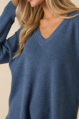 Cozy Afternoon Heather Blue V-Neck Sweater