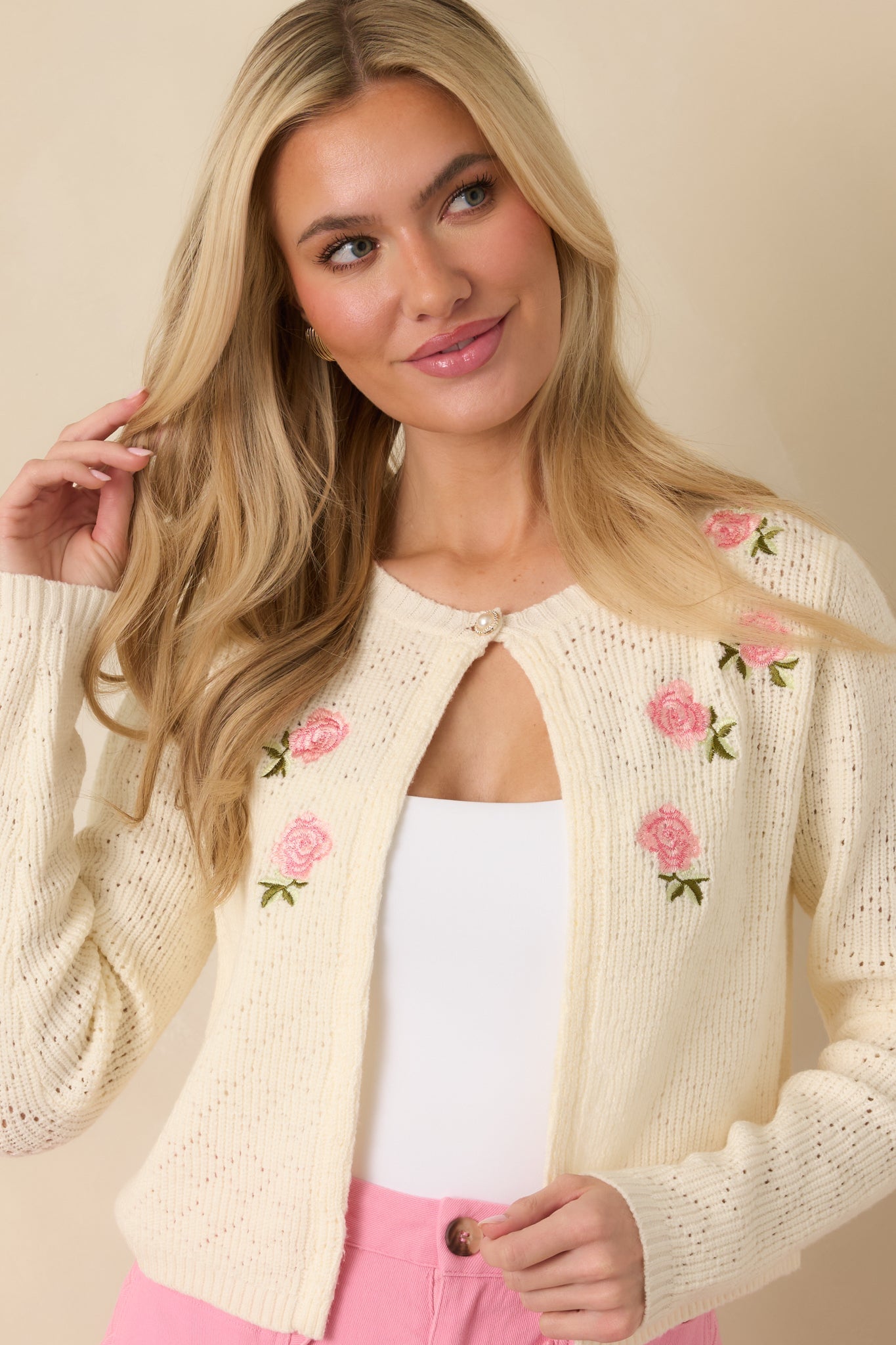The Primrose Parlour Ivory Knit Pink Rose Embroidered Cardigan