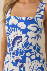 Along the Coast Blue & White Floral Pattern Linen Blend Sleeveless Maxi Dress