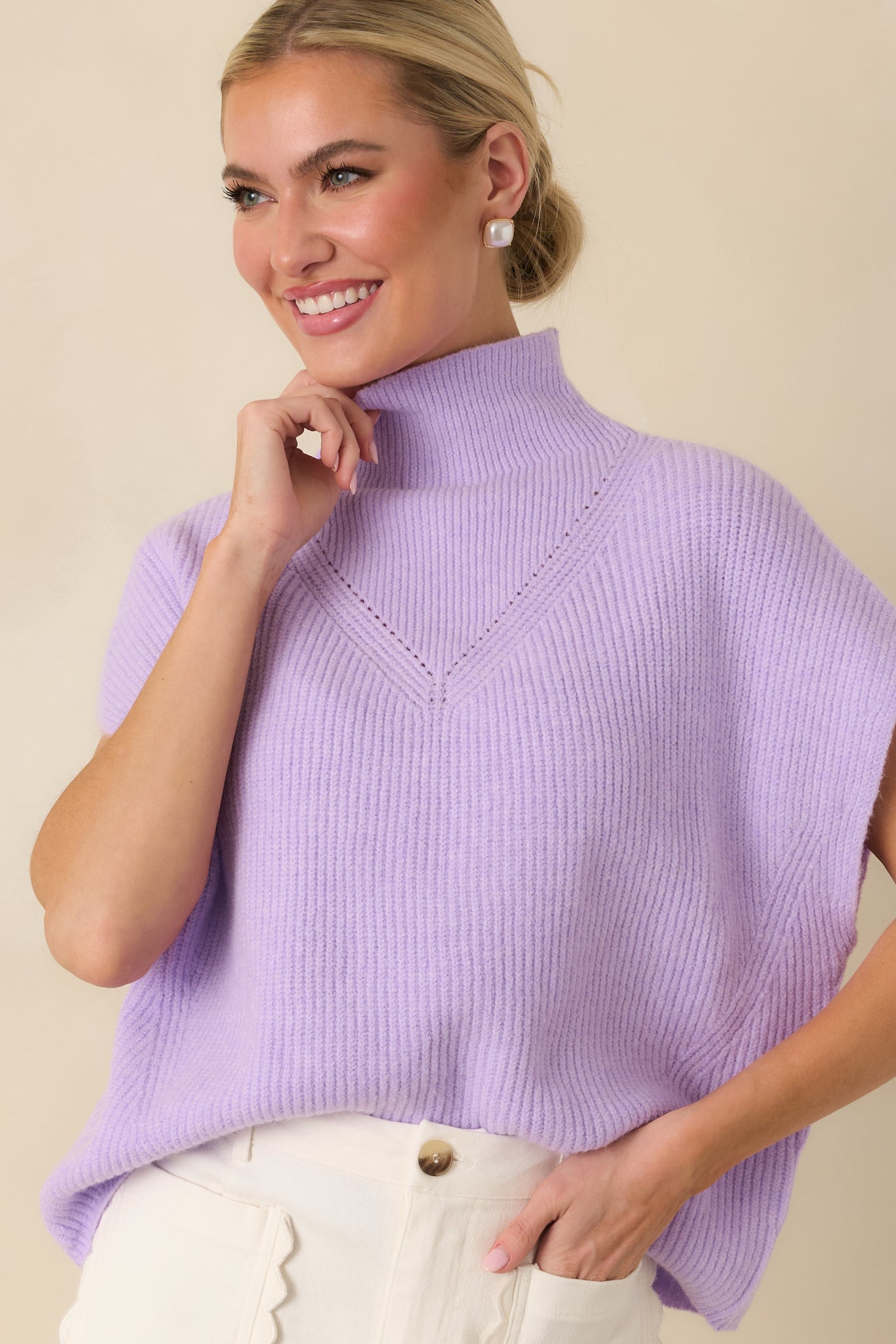 Cool Intentions Lavender Ribbed Knit Mockneck Cap Sleeve Sweater