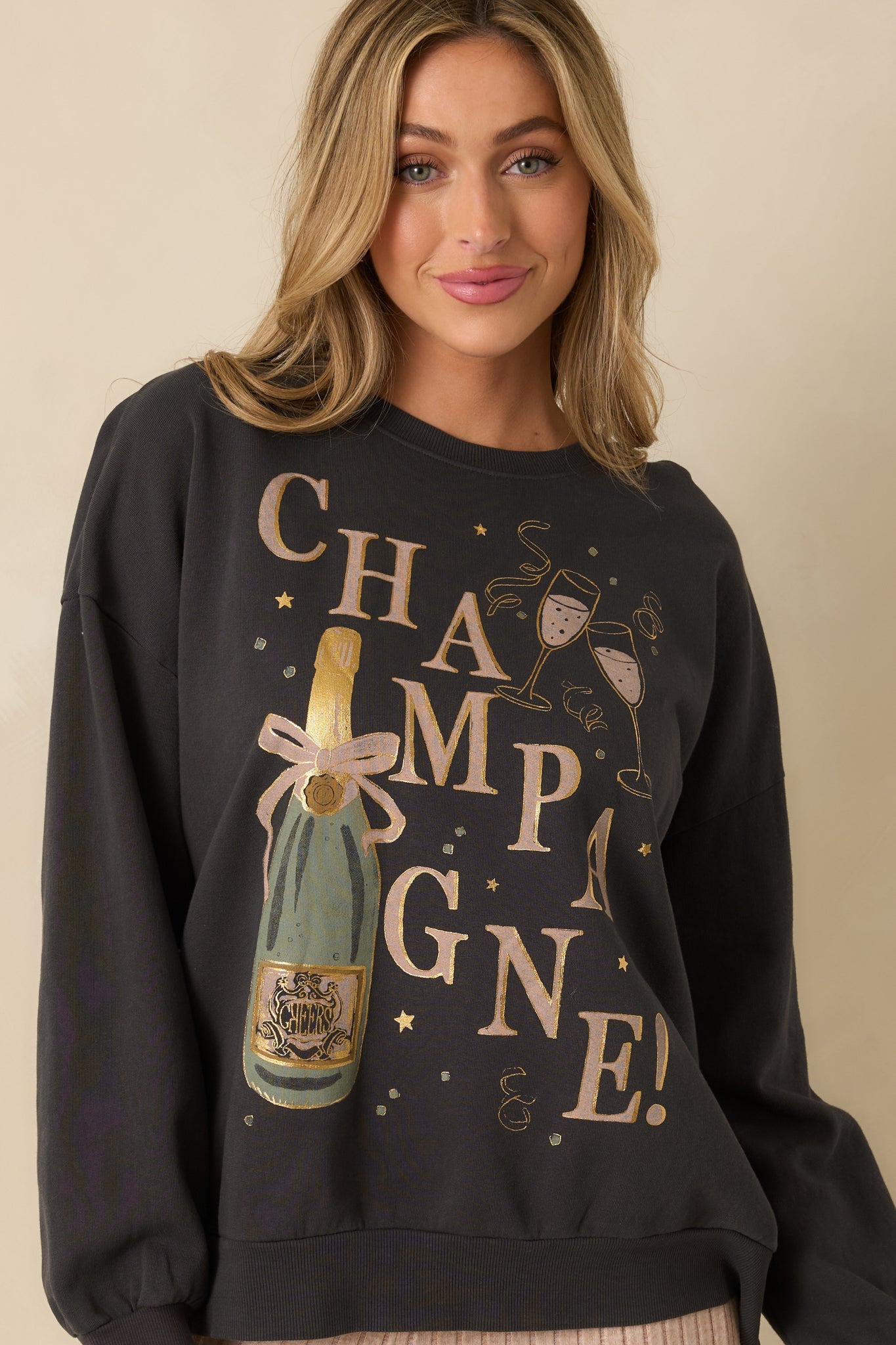 Z Supply Vintage Black Cotton Celebrate Champagne Sweatshirt