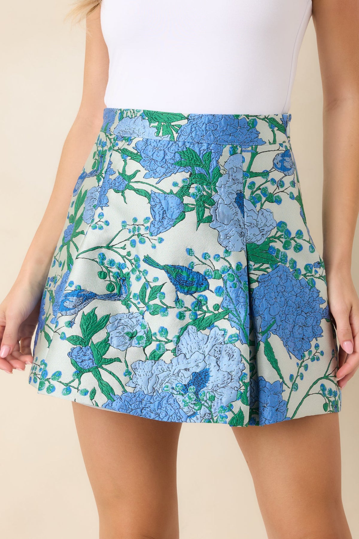She Means Blooming Business Blue Floral Jacquard Mini Skirt