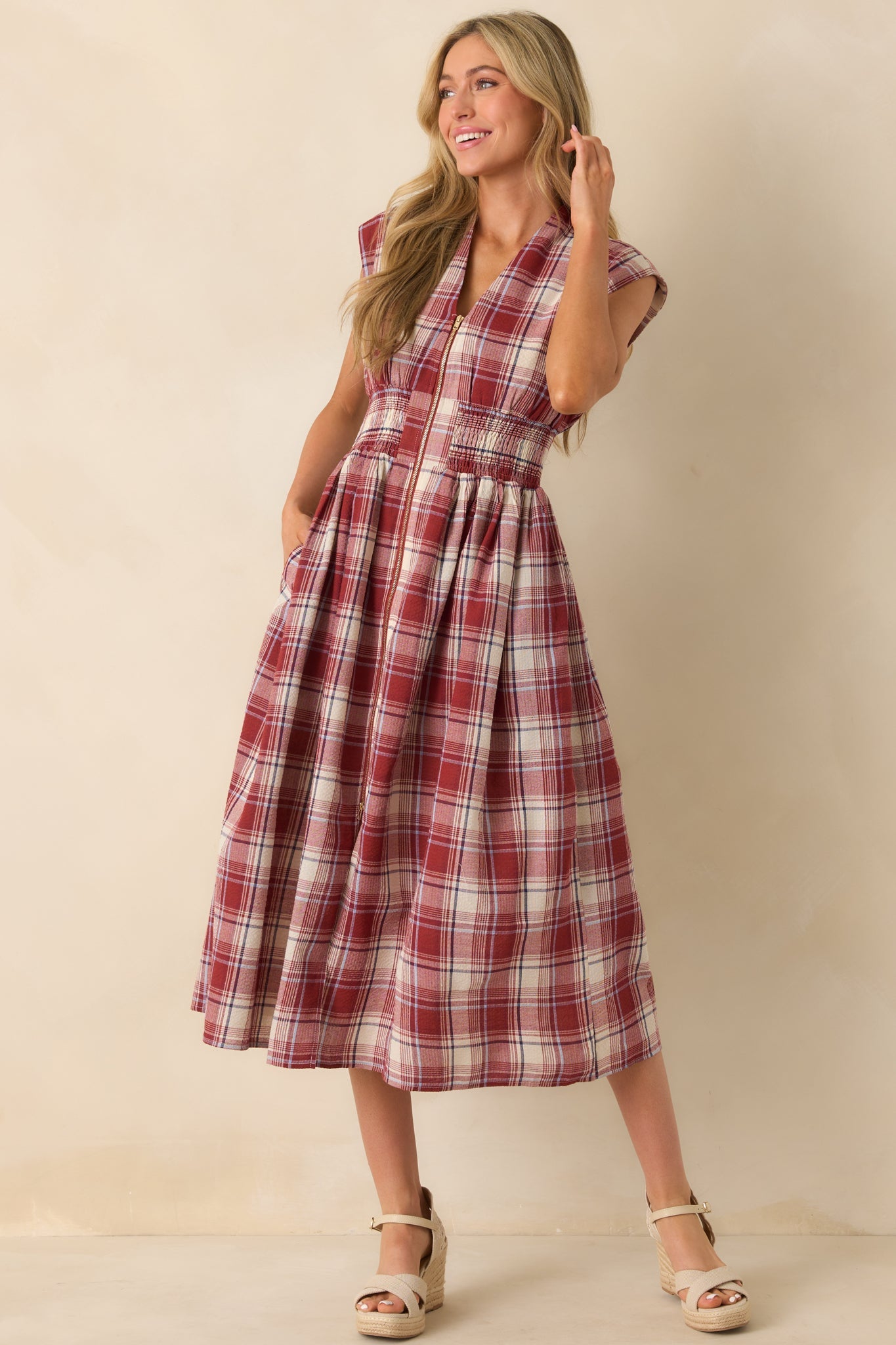 The Evette Red Tartan Plaid Cotton Zip Front Midi Dress