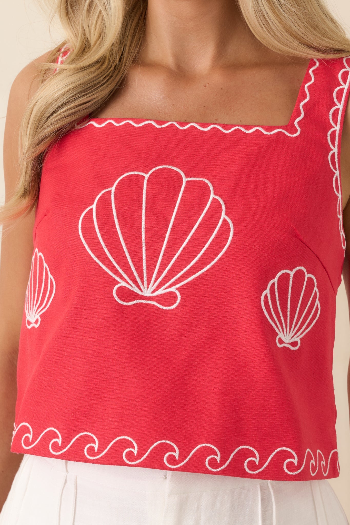 Sea You Soon Red Cotton Blend Shell Embroidered Tank Top
