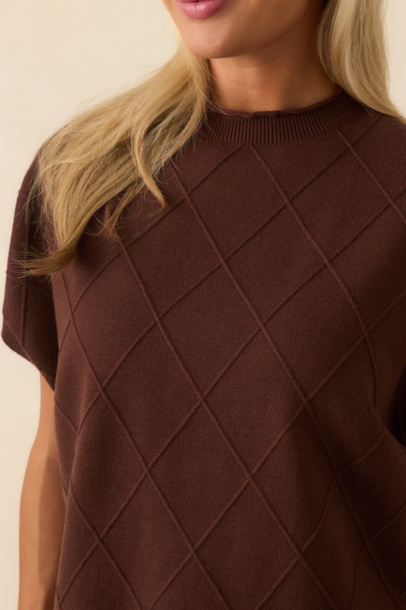 The Clear Choice Brown Short Sleeve Argyle Stitch Sweater