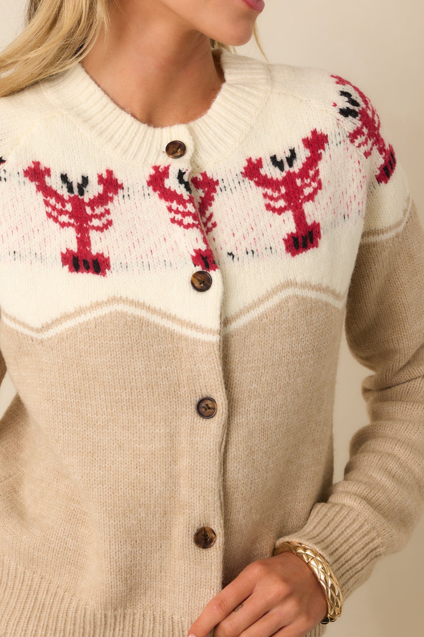 Just Enough Time Beige Lobster Motif Button Up Cardigan