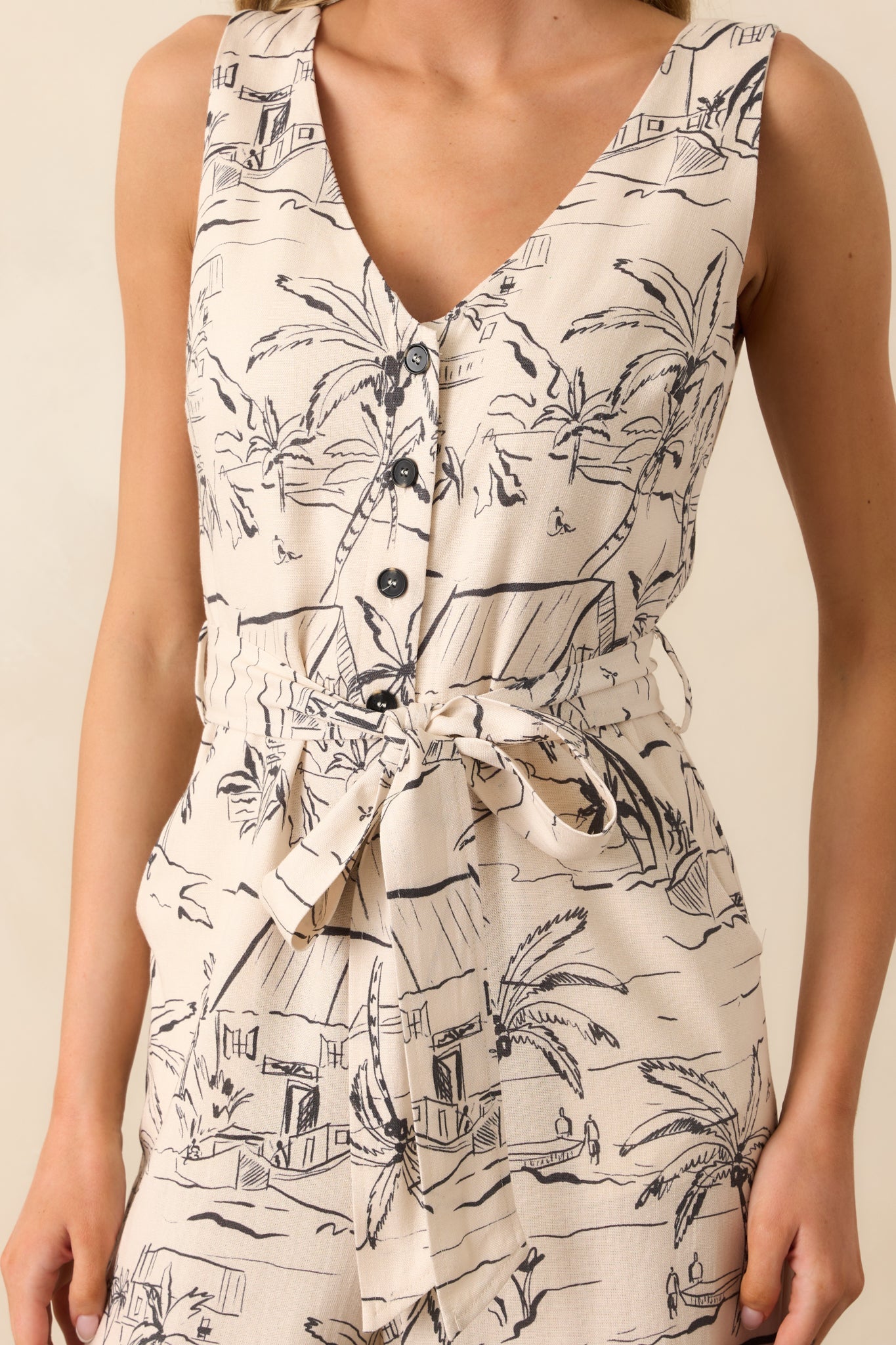 Living For This Ivory Tropical Print Linen Blend Sleeveless Jumpsuit