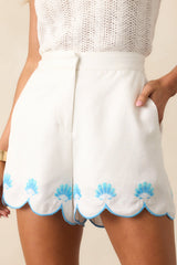 Camera Shy White Embroidered Scallop Hem High Waisted Shorts