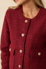Whispered Warmth Cherry Red Bouclé Button Front Jacket