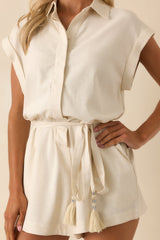The Way It All Aligns Natural Ivory Linen Blend Button Front Romper