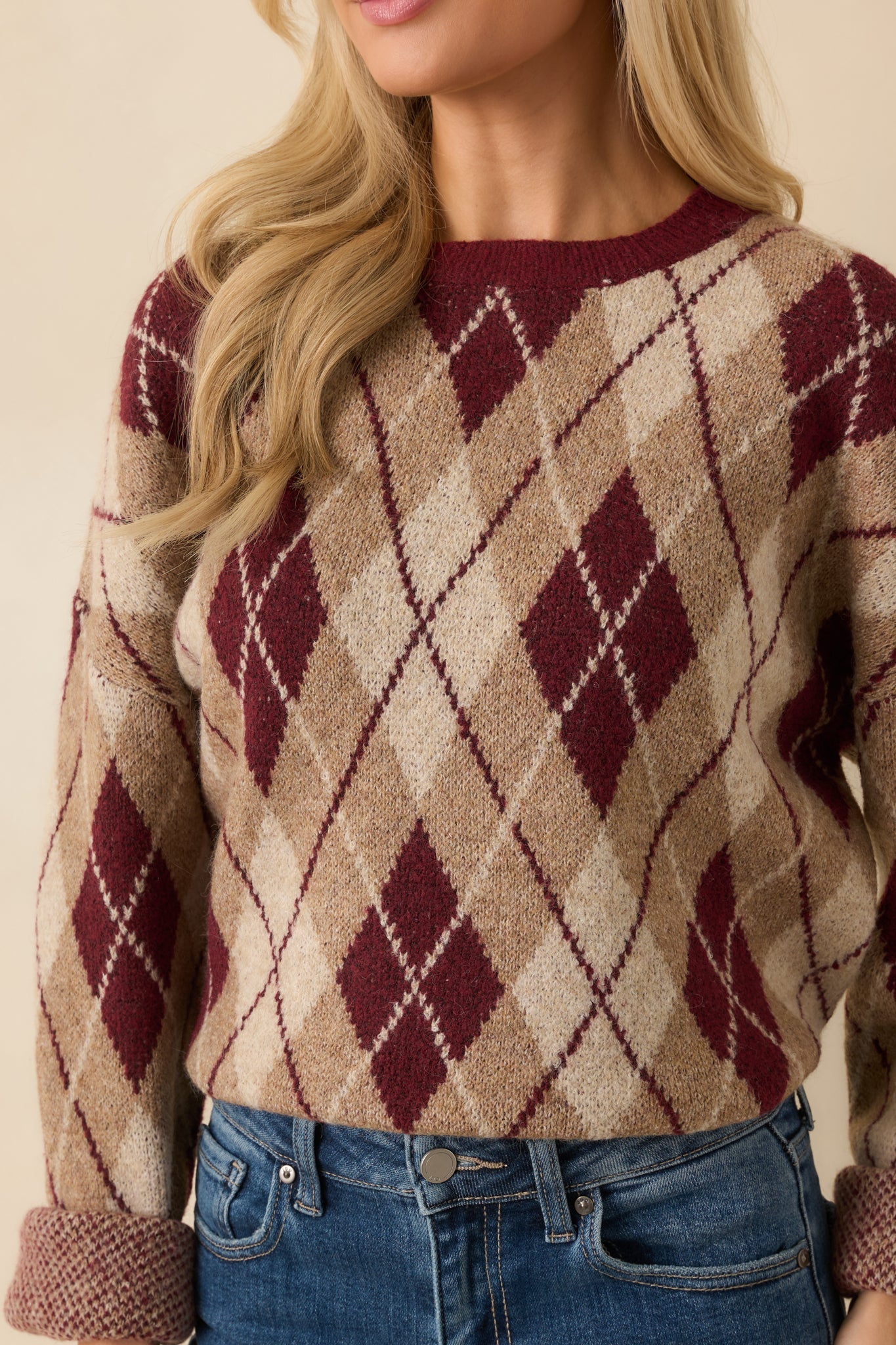 No Place Like Home Burgundy Multi Argyle Knit Sweater