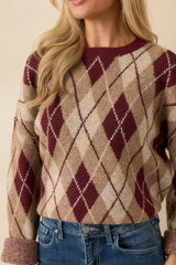 No Place Like Home Burgundy Multi Argyle Knit Sweater