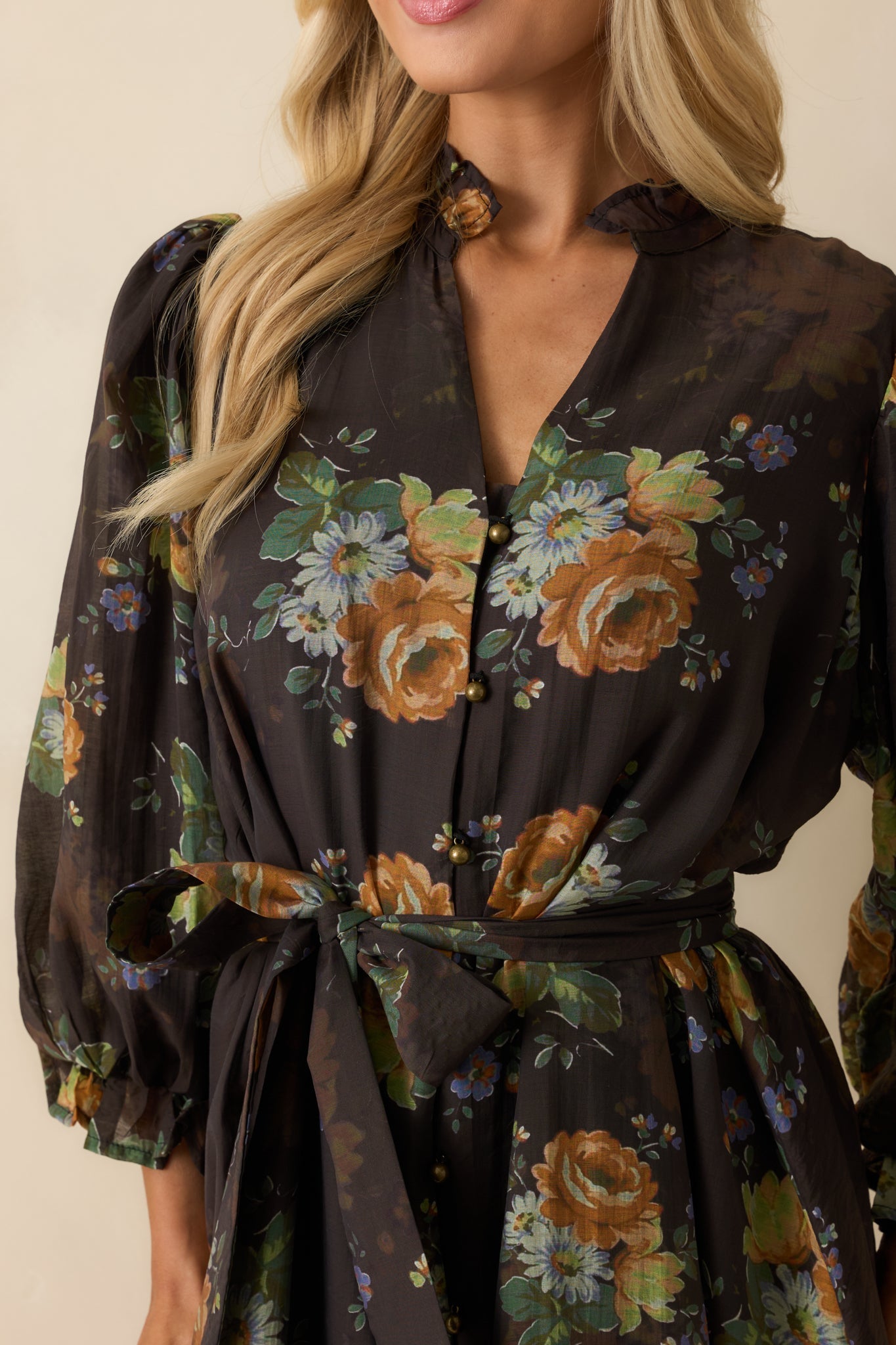 Rustic Romance Dark Brown Multi Floral Print Belted Mini Dress
