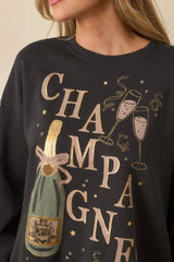 Z Supply Vintage Black Cotton Celebrate Champagne Sweatshirt