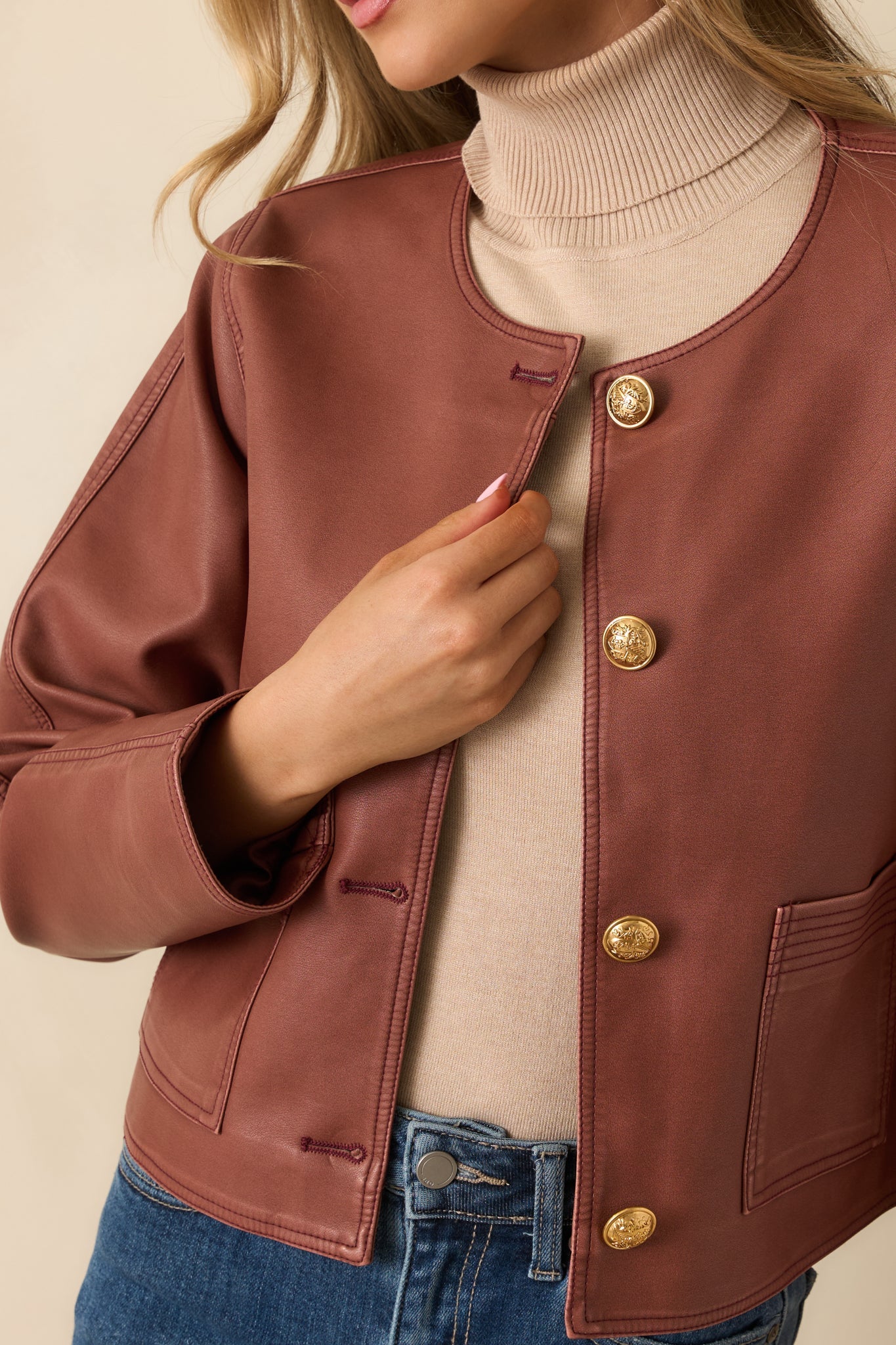 Made To Impress Mauve Faux Leather Cropped Button Up Jacket