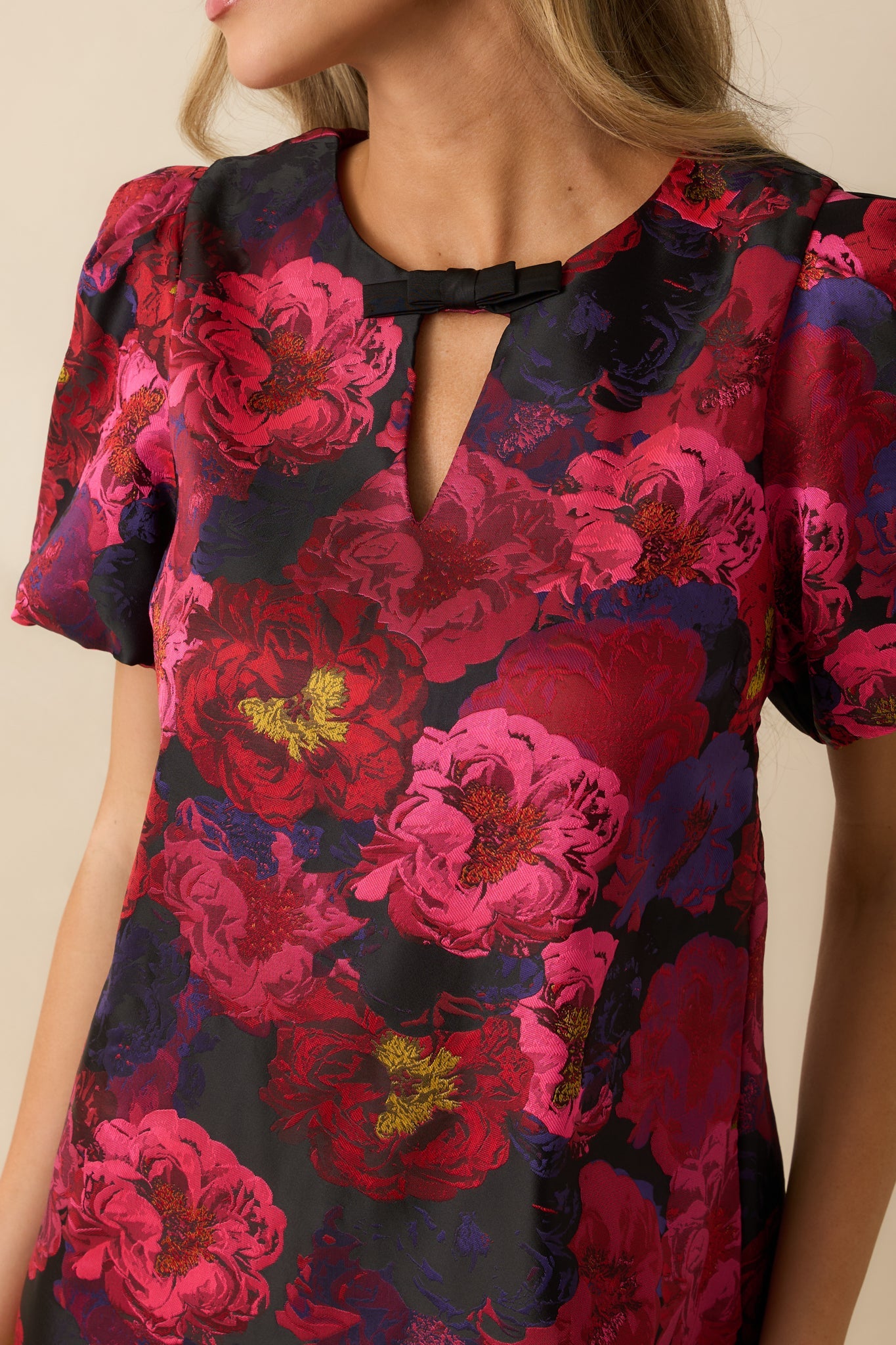Say It Sweetly Magenta Pink Multi Floral Jacquard Mini Dress