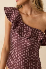 MINKPINK Sierra Burgundy Floral Ruffle One Shoulder Swimsuit