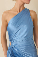 Poetic Charm Light Blue Asymmetric One Shoulder Maxi Dress
