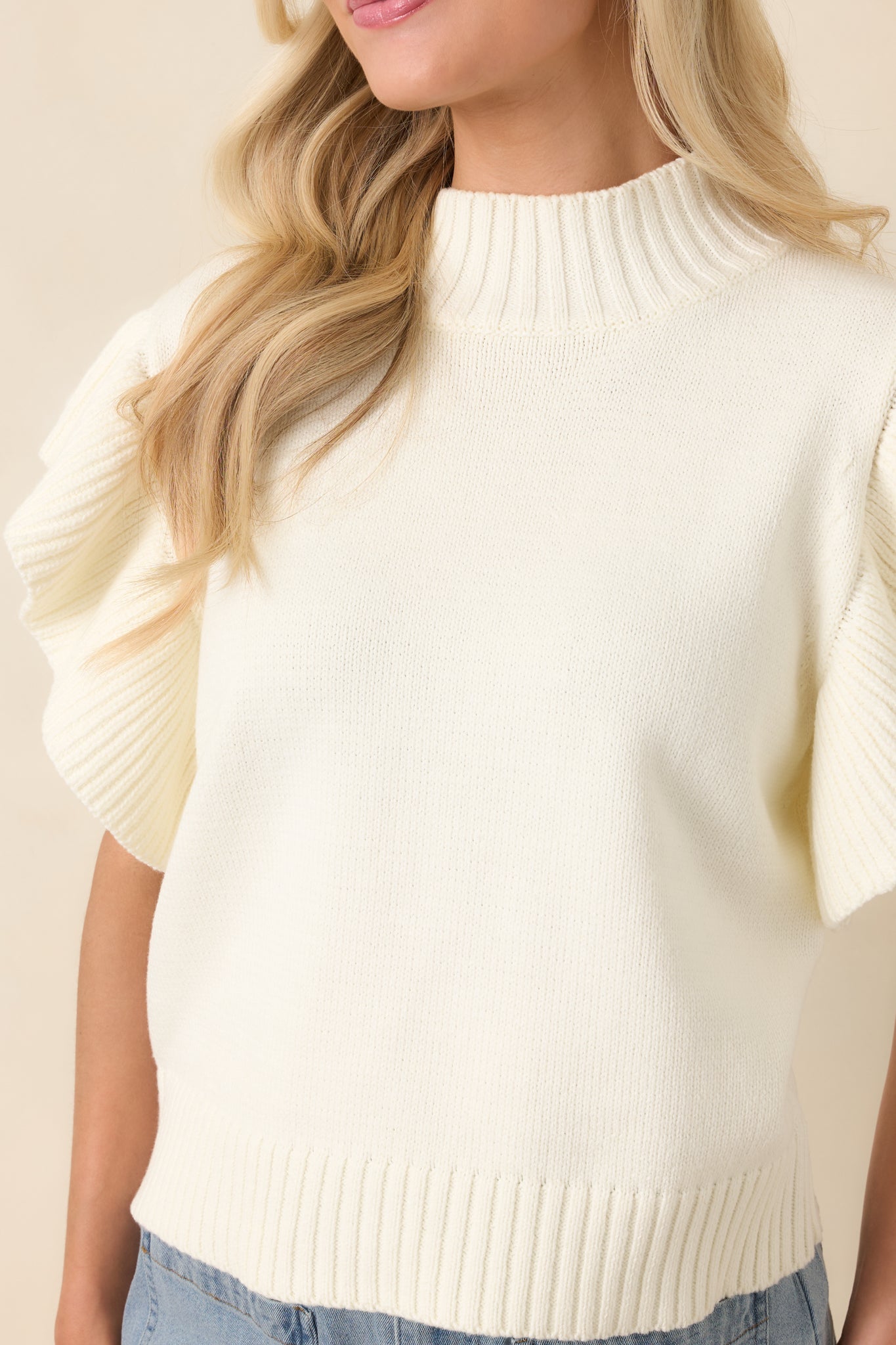 Watch Her Work Ivory Knit Flutter Sleeve Top