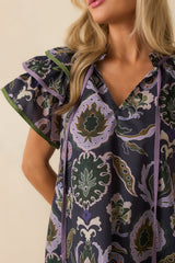 The Rest Is Certain Navy Multi Print Cotton Ruffle Sleeve Blouse