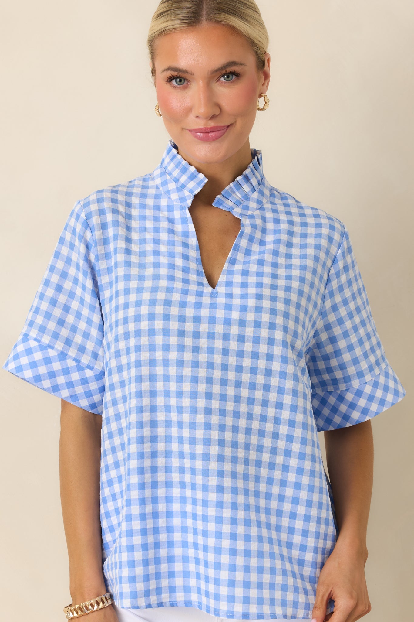 Plans in the Sunshine Blue Gingham Cotton V-Neck Top
