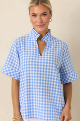 Plans in the Sunshine Blue Gingham Cotton V-Neck Top
