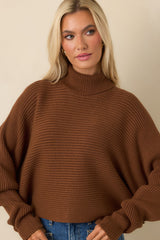 Polished Path Brown Ribbed Batwing Cropped Turtleneck Sweater