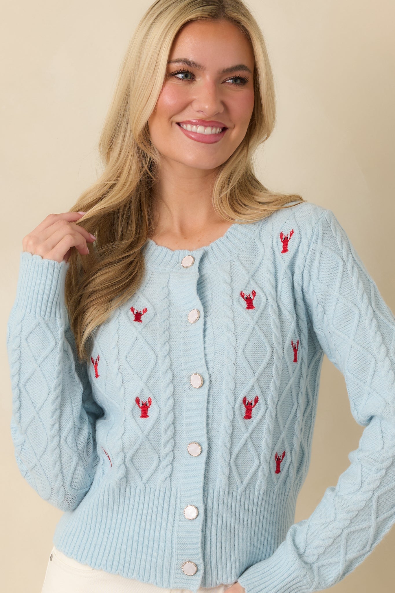 Main Lobster Energy Light Blue Embroidered Cardigan Sweater