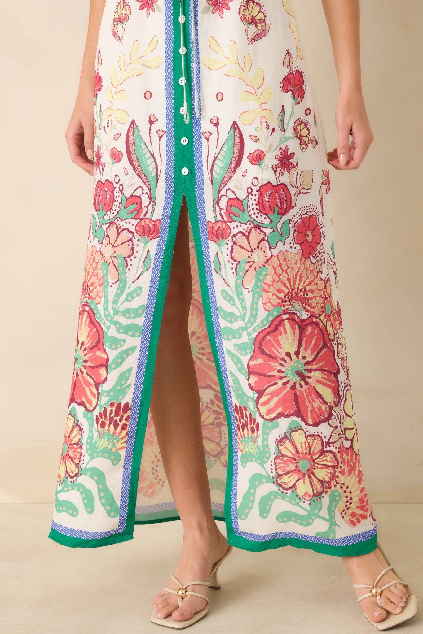 Floral Fantasy Green & Coral Pink Floral Maxi Dress