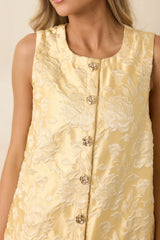 Something About Her Yellow Metallic Floral Jacquard Button Front Mini Dress