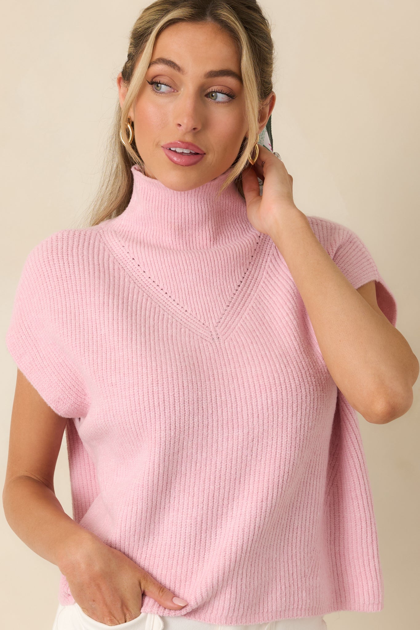 Cool Intentions Light Pink Ribbed Knit Mockneck Cap Sleeve Sweater