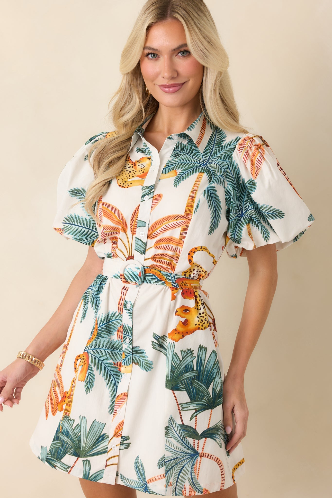 Paradise Plans Ivory Multi Tropical Print Puff Sleeve Mini Dress