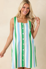 Out the Door Green & Light Blue Stripe Cotton Sleeveless Mini Dress