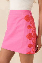 Cute With a Kick Pink & Poppy Red Embroidered Mini Skirt