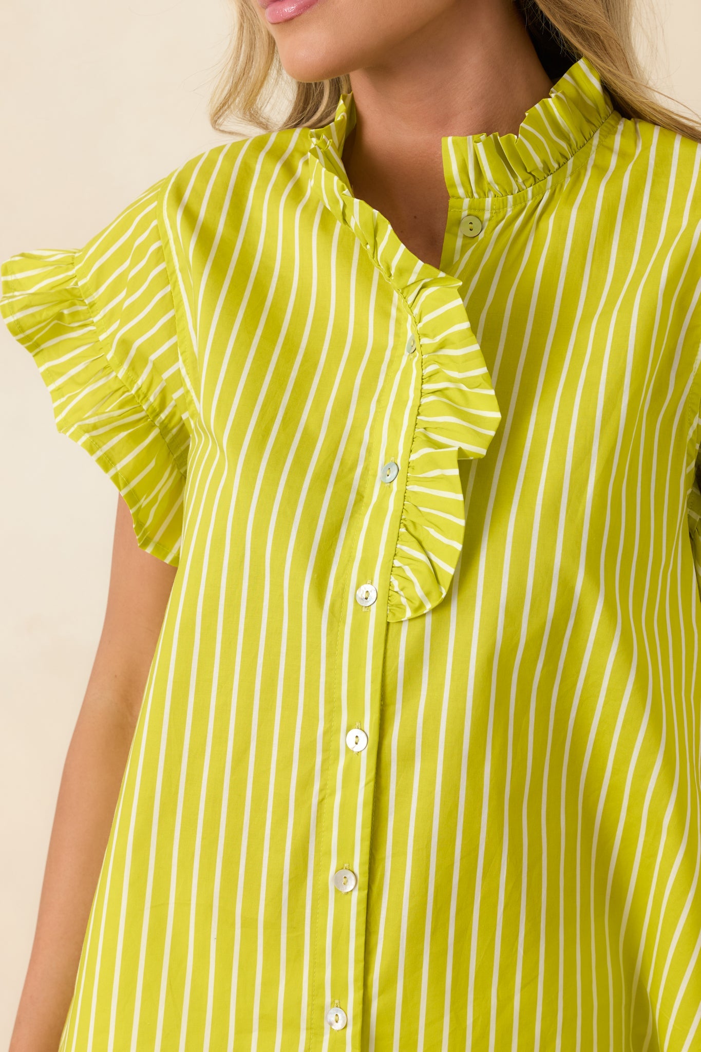 Say Less Chartreuse Stripe Cotton Ruffle Trim Blouse