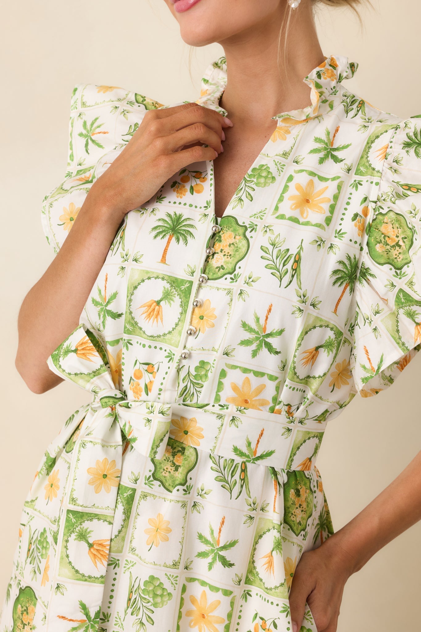 Somewhere Sunny Green Multi Cotton Ruffle Maxi Dress