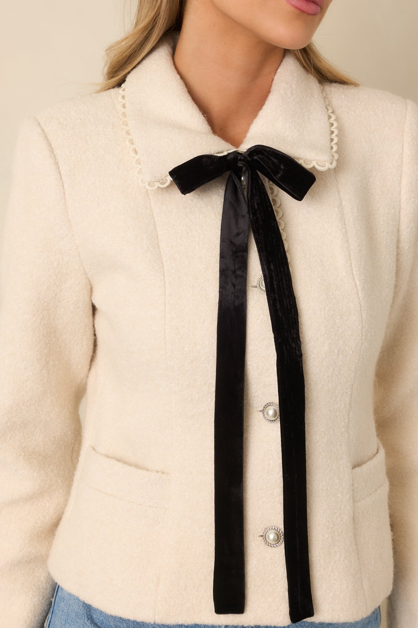 Held Together Natural Wool Blend Pearl Button & Velvet Tie Jacket